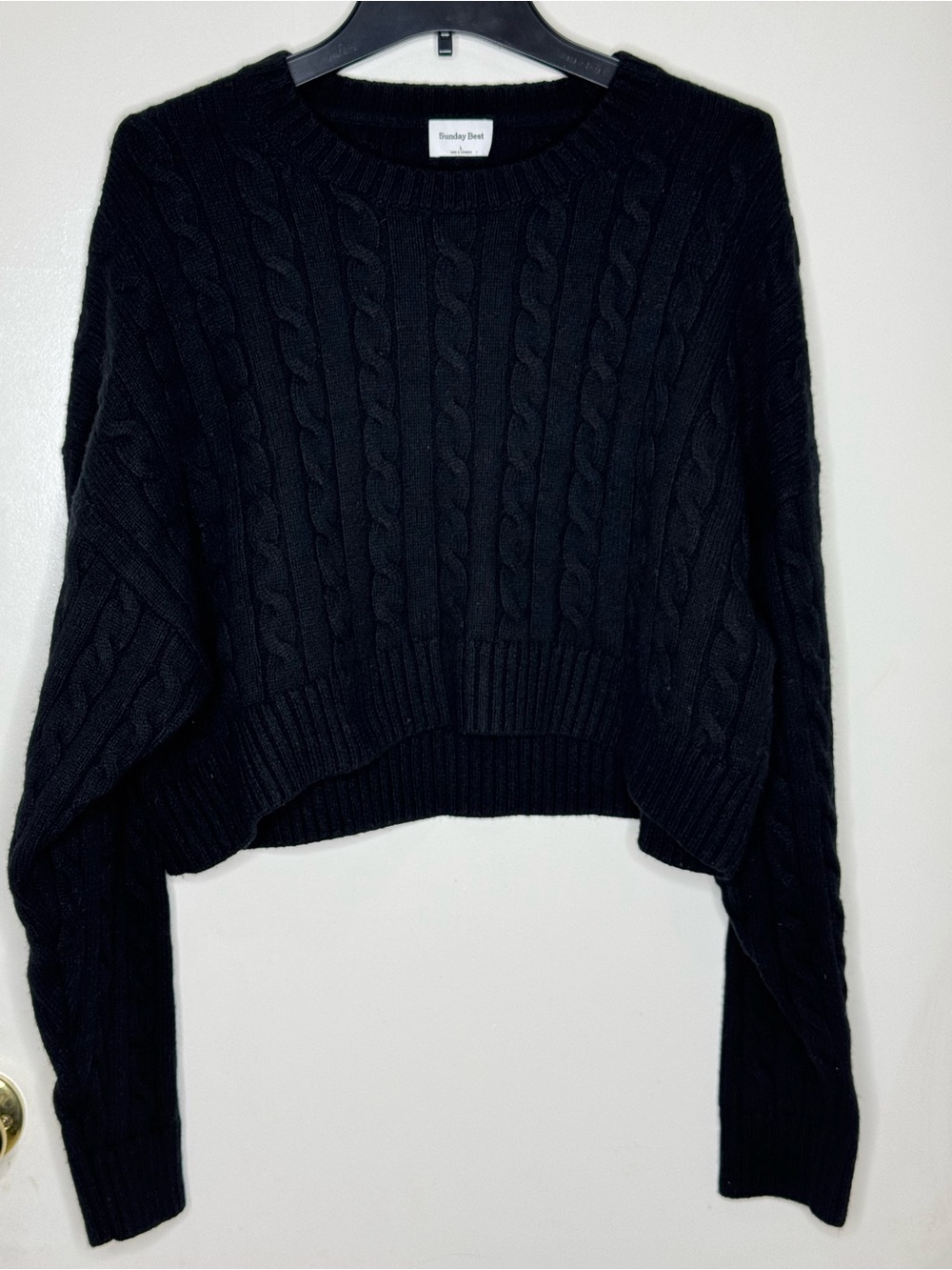 Sunday Best Aritzia Black Cable-Knit Cropped Crew Sweater